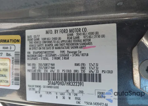 2017 Ford Fusion Se from USA, damaged, VIN 3FA6P0HD7HR322391